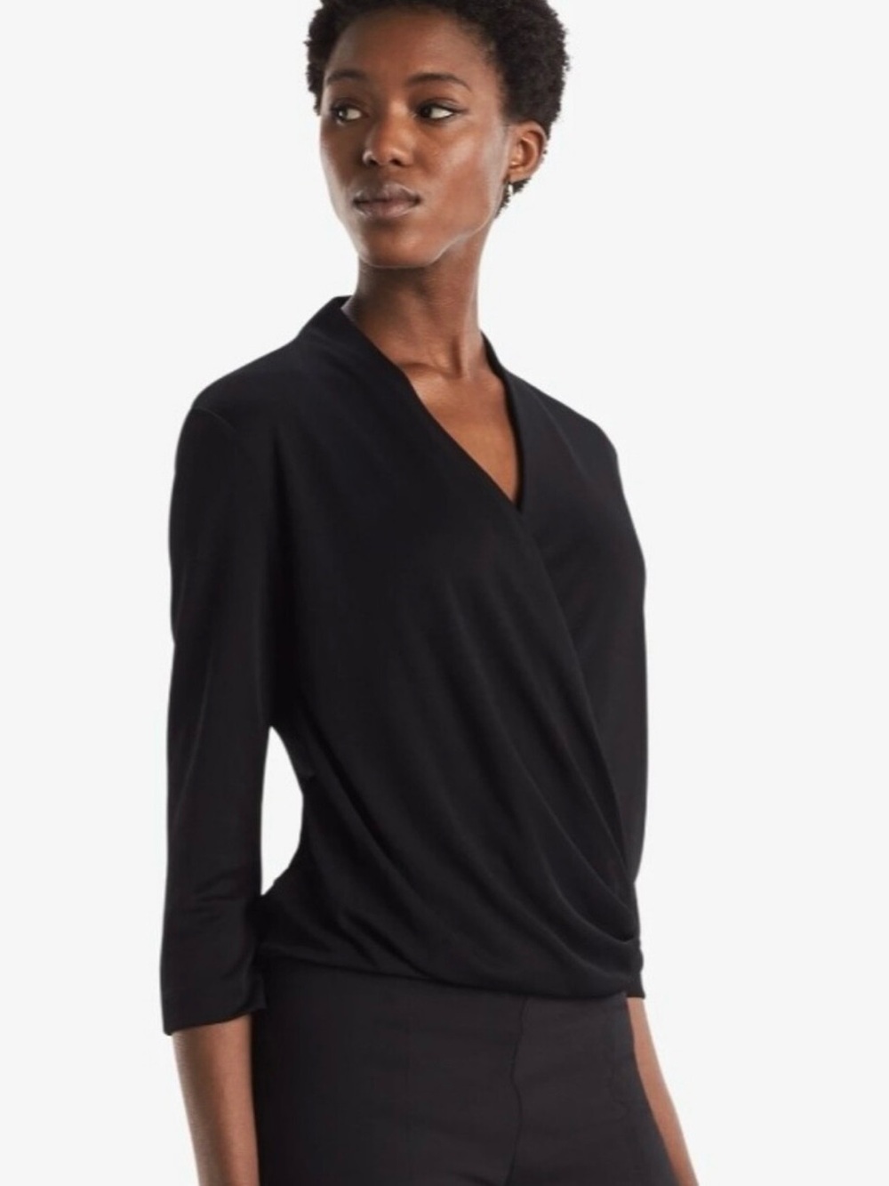 M.M. LAFLEUR Faux Wrap Drape V-Neck Blouse in Black Size Medium
